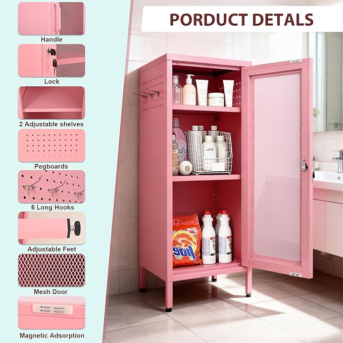 Metal Storage Cabinet, 39.37" H Small Pink Metal Locker Cabinets with Lockable Mesh Door and Handle, 2 Adjustable Shelves, 2 Pegboards & 6 Hooks for Home, Office, Bedroom, Kitchen, Assembly Required