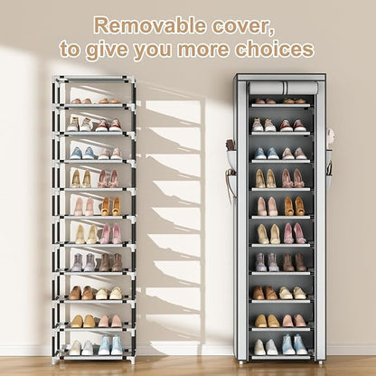 ROJASOP Shoe Rack with Covers 10 Tier Large Shoe Organizer Tall Shoe Closet Storage for 20-22 Pairs Shoe and Boot, Free Standing Shoe Rack Organizer for Closet, Entryway, Bedroom, Grey