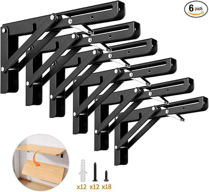 Yarssihha 8 Inch Folding Shelf Bracket, 6 Pack Heavy Duty Wall Mounted Foldable Brackets, Space-Saving Metal Collapsible Shelf Brackets, Max Load:180lbs