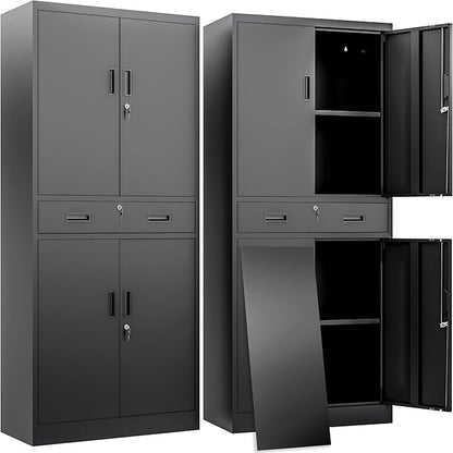 BESFUR Metal Storage Cabinet with a Drawer 4 Doors and 2 Adjustable Shelves Garage Storage Cabinet with Lock 71" Office Storage Cabinets Locking Cabinets for Garage Office Shop Home (Black)