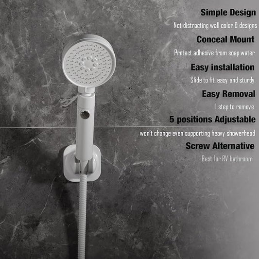 Handle held Shower Head Holder - 5 Positions Adjustable - Conceald Adhesive Mount with Screw Option- RV Camping Shower Head Holder (Gloss White)