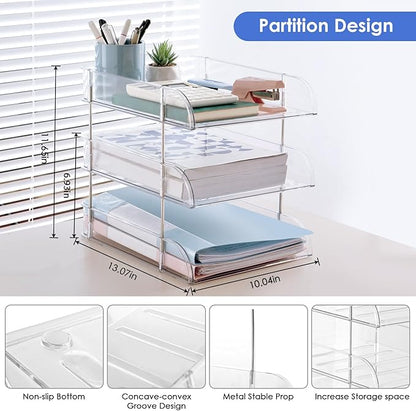 Noger Desk Organizers and Storage, 3 Tier Clear Heightened Stackable Paper Tray Organizer for Document, Letter, A4 File Paper, Desk Accessories, Office Supplies (Clear, 3 Pack)