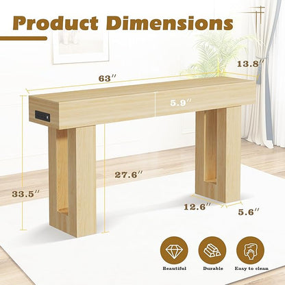 Depeht 63" Long Console Table with Power Outlet LED Lights, Wooden Farmhouse Sofa Behind Couch Table w/Storage, Large Industrial Hallway Accent Furniture for Living Room, Entryway, Hallway (Natural)