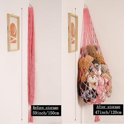 Stuffed Animal Net or Hammock Corner Hanging Net for Stuffy Animal Storage Macrame Toy Display Plush Toy Holder Wall Pet Net for Nursery Kid Bedroom Decor Playroom Organizer (Pink)