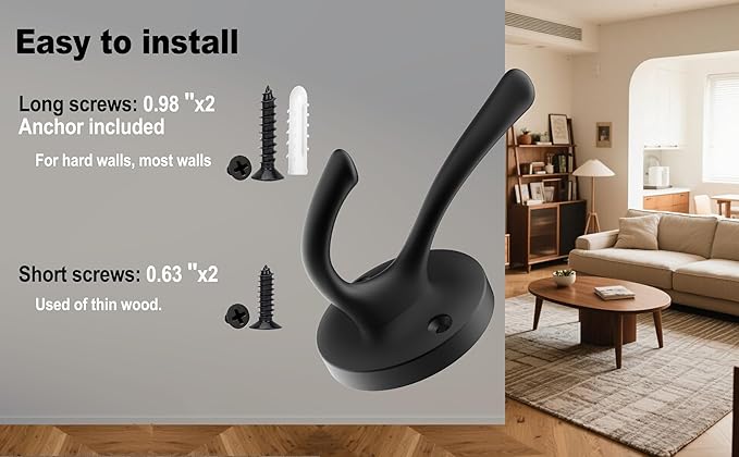 Matte Black Wall Hooks, 4 Pack Heavy Duty Coat Towel Hook Metal Double Backpack Hook Wall Mounted, Bath Towel Hooks for Entryway Cubicle Bathroom Closet Garage