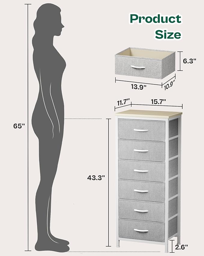 Huuger 43.3 Inch Tall Dresser for Bedroom, 6 Drawer Night Stand & Chests of Drawers, Fabric Dresser for Closet, Bedroom, Nightstand, End Table with Metal Frame, Storage Tower with Fabric Bins, Grey