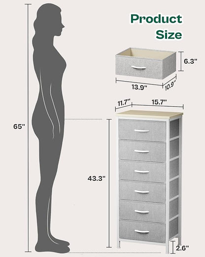 Huuger 43.3 Inch Tall Dresser for Bedroom, 6 Drawer Night Stand & Chests of Drawers, Fabric Dresser for Closet, Bedroom, Nightstand, End Table with Metal Frame, Storage Tower with Fabric Bins, Grey