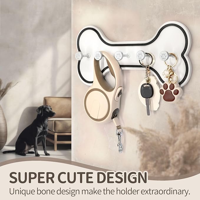 MTERSN Modern Farmhouse Dog Leash Holder for Wall - Decorative Key Hooks Wall Mount with Bone Shape and Coat Hanger for Entryway - Pets Accessories Storage for Dog Lover Gifts (Black & White)