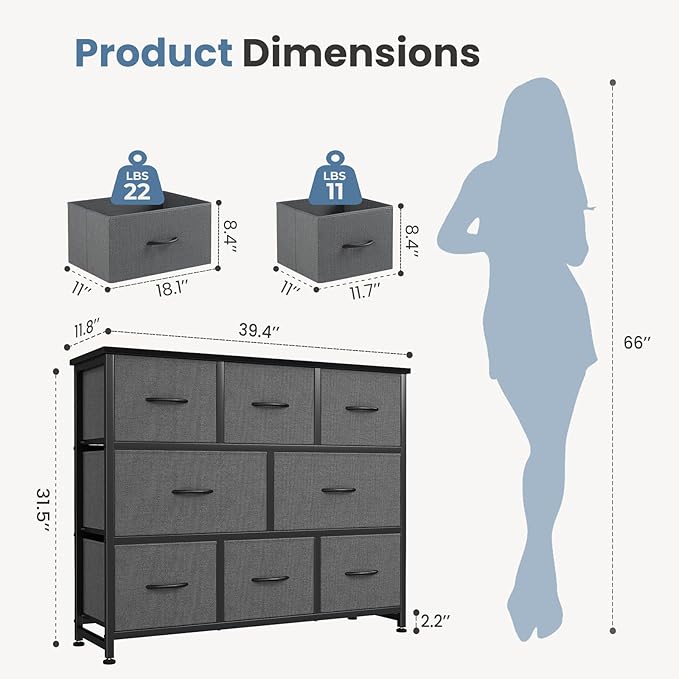 DUMOS TV Stand, Dresser with 8 Fabric Drawers, Spacious Storage Tower for Closet, TV Stand with Wood Top and Mental Frame, Storage Unit for Living Rooms, Bedroom and Entryway, Grey