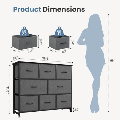 DUMOS TV Stand, Dresser with 8 Fabric Drawers, Spacious Storage Tower for Closet, TV Stand with Wood Top and Mental Frame, Storage Unit for Living Rooms, Bedroom and Entryway, Grey