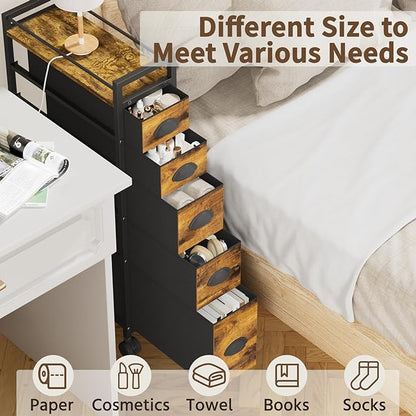 LASZOLA 5 Drawer Narrow Dresser Slim Cabinet Skinny Storage Tower Chest, Ideal for Small Spaces Bathroom Bedroom, Between Washer and Dryer, Lightweight Mobile on Wheels, Sturdy Fabric Drawers, Brown