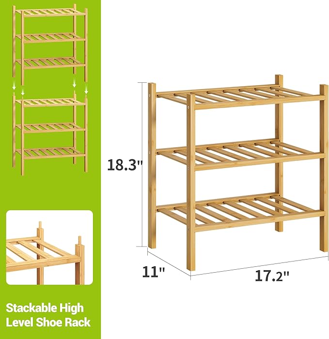 BMOSU 3-Tier Bamboo Small Shoe Rack Premium Stackable Shoe Shelf Storage Organizer for Hallway Closet Living Room Entryway Organizer (Natural Bamboo)