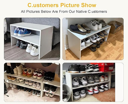 White Shoe Rack Organizer for Closet, 2-Tier Expandable Shoe Shelf, Stackable Iron Wood Combination Small Shoe Racks Shelves for Closets, Entryway,Small Space,Hallway,Garage,6-12 Pairs,Patent Pending