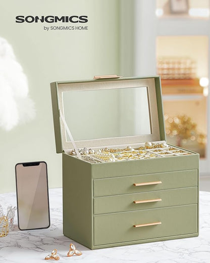 SONGMICS GISELLA Collection - Jewelry Box Organizer, 4-Layer Jewelry Storage with 3 Drawers, Shiny Metal Hardware, Glass Lid, Modern, 6 x 9.9 x 8.5 Inches, Laurel Green and Gold Color UJBC161C02