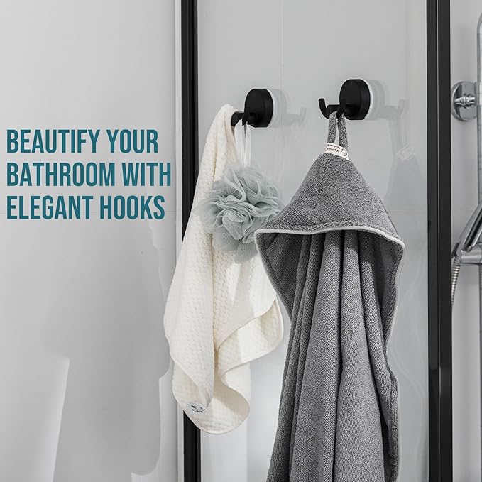 TAILI 304 Stainless Steel Bathroom Suction Hooks for Towel, Bathrobe, Loofah, Patented Strong Suction Cup Holder, No Damage Hanging Glass Shower Wall Hook, Double-Hook Sleek Design, 2 Pack, Black