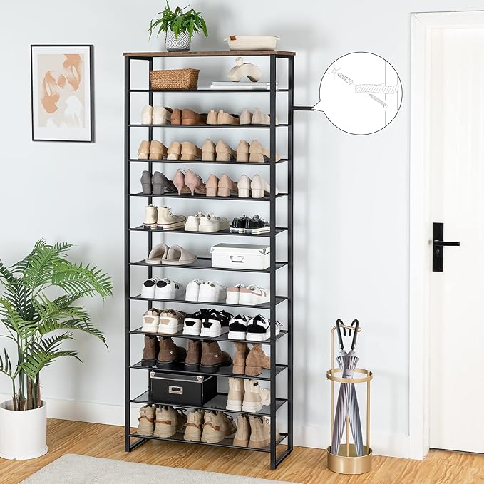 HOOBRO 12-Tier Shoe Rack for Entryway, 29.5" L Shoe Storage Organizer, Large Capacity Shoe Shelf for Closet, Front Door Entrance, Hallway, Holds 36-48 Pairs of Shoes, Rustic Brown and Black BF127XJ01