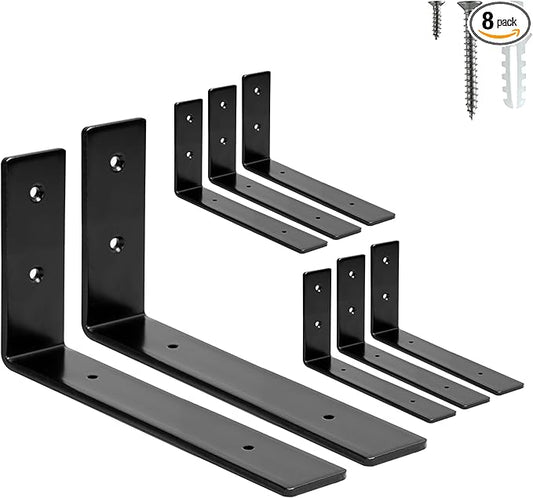 HEART ART 8 Pack Shelf Brackets 8 inch,L Brackets for Shelves,Black Heavy Duty Metal Shelf Brackets,8”x4”x1.4”
