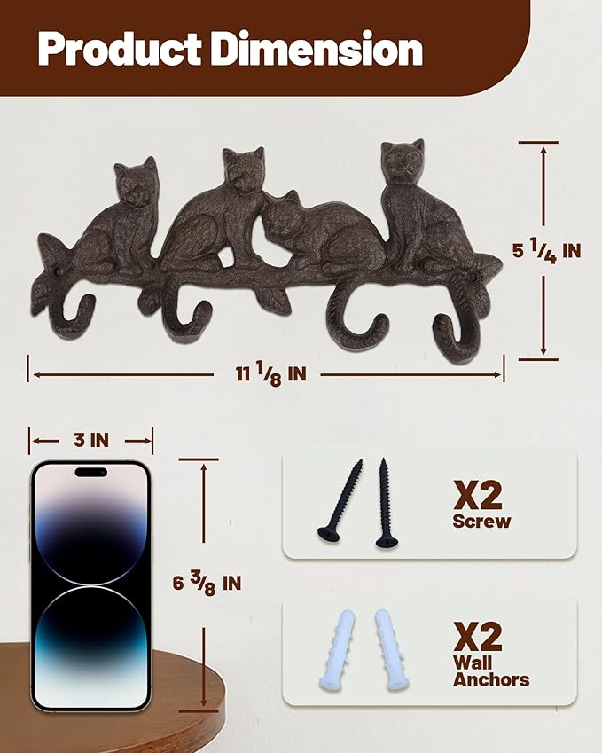 Cat Tail Wall Hooks for Hanging - Cast Iron Vintage Wall Decor Coat Rack - Vintage Rustic Design Hat Hook for Kitchen, Entryway - Handmade Heavy Duty Key Hooks