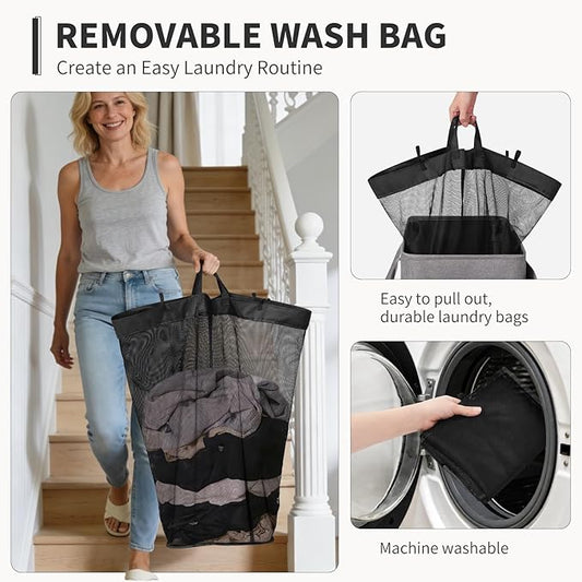 Goodpick Laundry Basket with Wheels and Lid, 100L Collapsible Basket with Removable Wash Bag, Extra Large Rolling Laundry Hamper for Dirty Clothes Blankets, Light Grey, 17.2" x 13.2" x 32"
