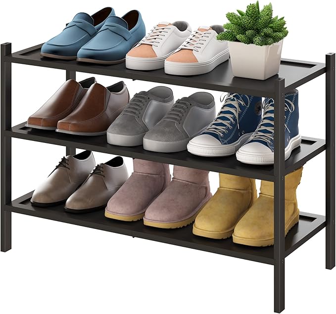 BMOSU 3-Tier Bamboo Shoe Rack Premium Stackable Shoe Shelf Storage Organizer for Hallway Closet Living Room Entryway Organizer(Black)