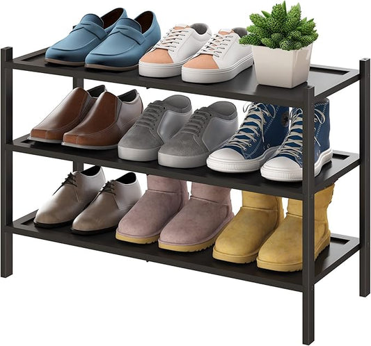BMOSU 3-Tier Bamboo Shoe Rack Premium Stackable Shoe Shelf Storage Organizer for Hallway Closet Living Room Entryway Organizer(Black)