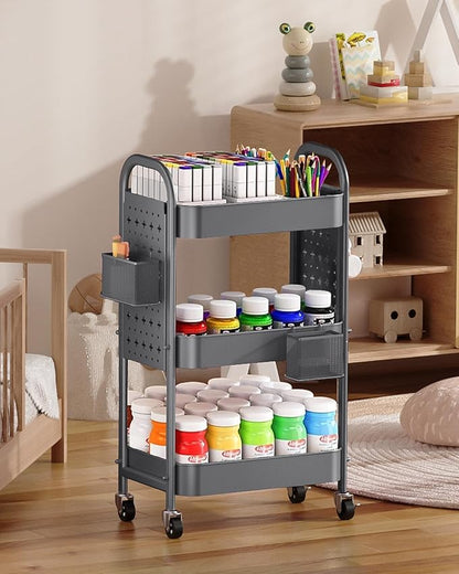 ALVOROG 3 Tier Rolling Cart with DIY Pegboards Metal Utility Cart with Wheels Handles Baskets Hooks, Storage Cart for Office Kitchen Bathroom(Gray)
