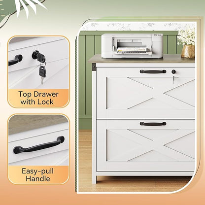 DEVAISE 2 Drawer File Cabinet, Lateral Wood Filing Storage Cabinet with Lock, Farmhouse Printer Stand for Home Office Fits Letter/Legal/A4 Size, White
