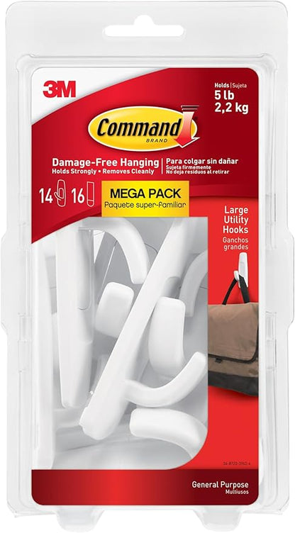 Command 5 lb Large Utility Hooks, 14 Hooks and 16 Strips, Damage-Free Hanging Wall Hook with Adhesive Strips, No Tools Required, Great for Home Kitchen Office Organization
