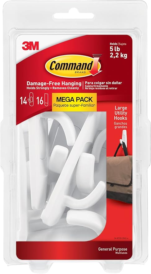 Command 5 lb Large Utility Hooks, 14 Hooks and 16 Strips, Damage-Free Hanging Wall Hook with Adhesive Strips, No Tools Required, Great for Home Kitchen Office Organization