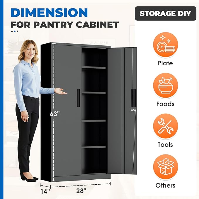INTERGRAET 63" H Pantry Cabinet, Kitchen Pantry Storage Cabinets with 2 Doors and 4 Shelves,Black Metal Storage Cabinet,Cupboard for Home,Kitchen,Living Room/Dining