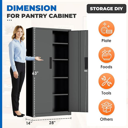 INTERGRAET 63" H Pantry Cabinet, Kitchen Pantry Storage Cabinets with 2 Doors and 4 Shelves,Black Metal Storage Cabinet,Cupboard for Home,Kitchen,Living Room/Dining