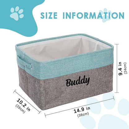Ulico Personalized Dog Toy Storage Basket, Collapsible Pet Storage Organizer Box with Handles, Custom Dog Toy Bin with Pet's Name Cat Toy Storage Gift for Dog Lovers（Grey Blue）