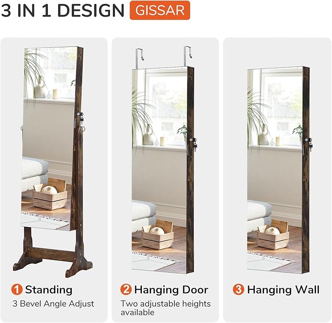 GISSAR Jewelry Organizer Full Length Mirror Jewelry Cabinet Standing/Wall Mounted Jewelry Armoire Storage with Lights Lockable, Vintage Brown