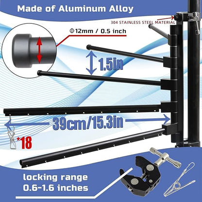Upgrade RV Clothes Drying Rack, Five 15.3" Long Rack Arms with 18 Clips, Aluminum, 304 Stainless Steel Accessories for Ladder, Boats, RV, Camper, Trailer, Travel, Hotel, Home