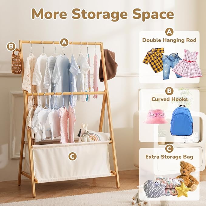 Kids Clothing Rrack- Kids Dress Up Rack for Little Girls, Bamboo Kids Clothes Rack-Feat FSC-Certified wood, Toddler Dress Up Storage Rack & Folding Costume Rack, Pets Clothes Rack, Natural