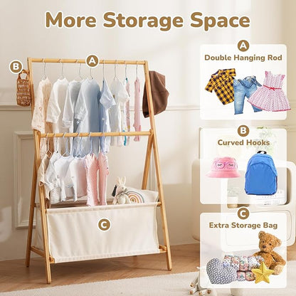 Kids Clothing Rrack- Kids Dress Up Rack for Little Girls, Bamboo Kids Clothes Rack-Feat FSC-Certified wood, Toddler Dress Up Storage Rack & Folding Costume Rack, Pets Clothes Rack, Natural
