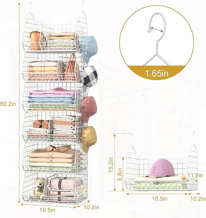 6 Tier Extra Large Hanging Closet Organizer, Closet Storage Hanging with Dividers, Wire Closet Shelf with 5 S Hooks 4 Dividers,Sweater Handbag Hat Accessory Storage Hanger,White