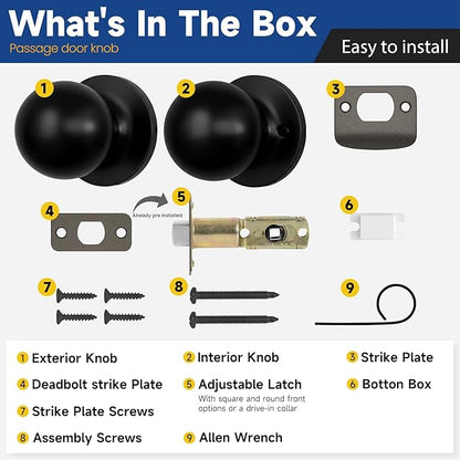 Passage Door Knob - Closet Door Knobs, Keyless Doorknob Interior Door Knob Without Lock for Hallway, Matte Black
