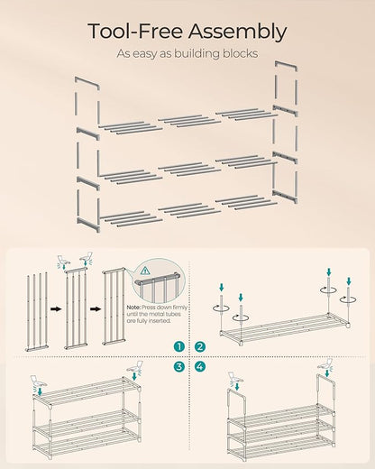 SONGMICS Shoe Rack, 3-Tier Shoe Organizer, Metal Storage Shelf, Upright or Upside Down, for 16-20 Pairs, Stackable, for Entryway, 11.8 x 36.2 x 21.7 Inches, Gray ULSA303G01