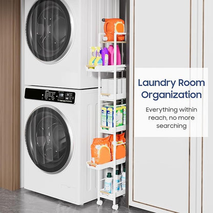 6 Tier Slim Storage Cart with Pull-Out Baskets Rolling Cart with Wheels Wood Top Narrow Utility Cart Metal Shelving Units for Pantry Laundry Room Bathroom Kitchen White 8in(W)