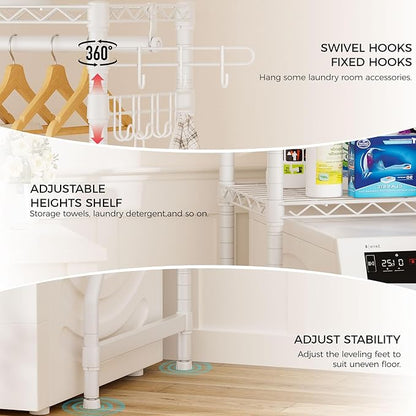 Over Washer and Dryer Shelves,2 Tier Adjustable Height Wire Shelving Laundry Room Storage Organization Clothes Drying Rack with Hanger Rod&Hooks,Space Saving Organizers Shelf,White