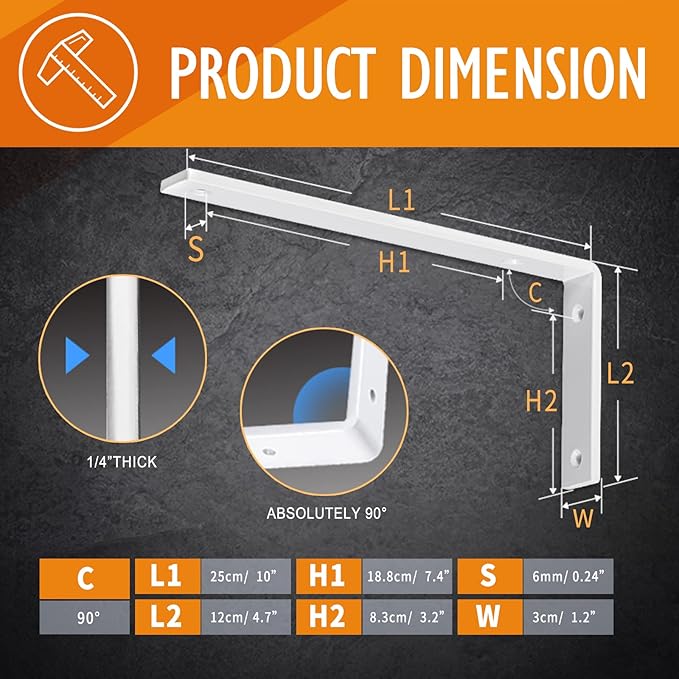 CLT White Shelf Bracket, 10” X 4.7” Quarter Inch (1/4") Thick- Max Load: 440 lb Rustic Industrial Modern Farmhouse Heavy Duty Cold Rolled Steel Bracket for DIY Table Bench, Pack of 4