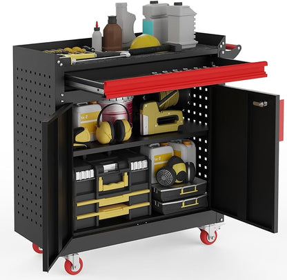 Rolling Garage Cabinets, Garage Storage Cabinet with Wheels and Workbench, Metal Cabinet with Doors and Shelf, Lockable Metal Storage Cabinets, for Home,Garages, Repair Stores, Warehouses
