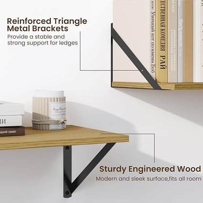 Fun Memories Deep Floating Shelves for Wall, 36W x 8D Wall Mounted Shelves Set of 2, Wide Display Ledge Shelf with Sturdy Metal Brackets for Living Room, Bathroom, Bedroom and Kitchen, Oak