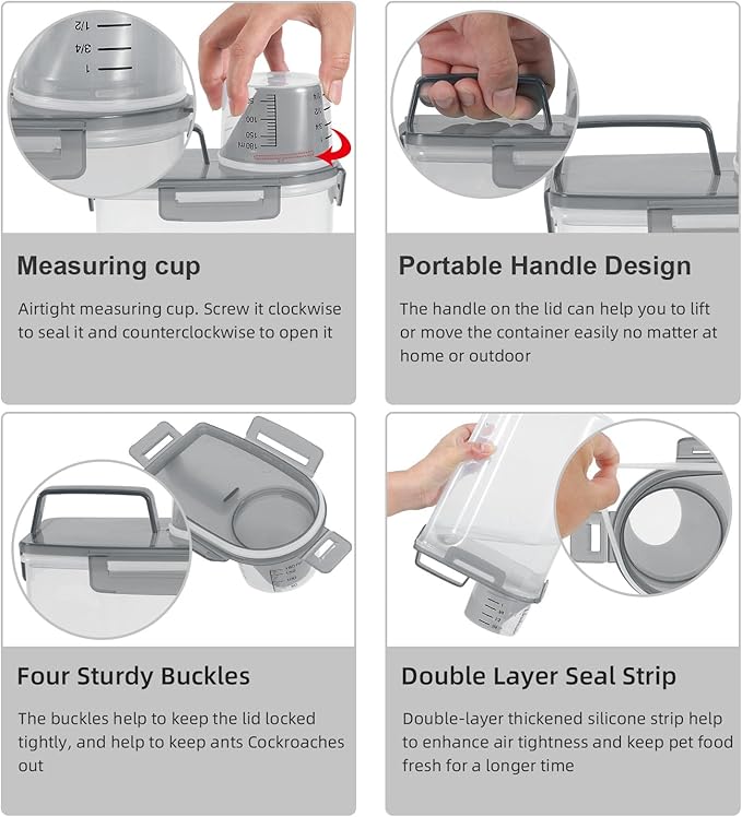 3-5Lbs Airtight Small Cat Dog Pet Food Storage Containers BPA Free, with Large Pour Spout/1 Measuring Cup/ 4 Safety Locks and Double-layer Silicone Strip (Clear Grey 3Pack)