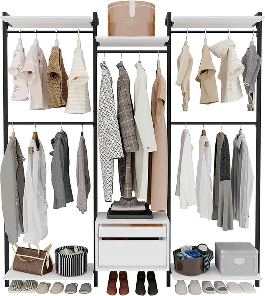 Wall-Mounted Steel & Wood Closet Organizer System with 4 Adjustable Shelves, 5 Hanging Rods, and 2 Drawers – Modern Open Wardrobe, White