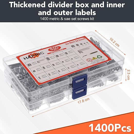 1400 Pcs 26 Size Set Screw Kit Metric&SAE Set Screw Assortment Kit 304 Stainless Steel Head Socket Hex Metric Set Screws Kit Cup-Point Screws (M3-M8, 1/8"-40 to 5/16"-18)