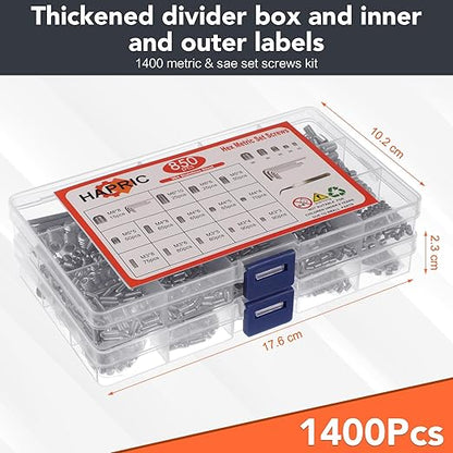 1400 Pcs 26 Size Set Screw Kit Metric&SAE Set Screw Assortment Kit 304 Stainless Steel Head Socket Hex Metric Set Screws Kit Cup-Point Screws (M3-M8, 1/8"-40 to 5/16"-18)