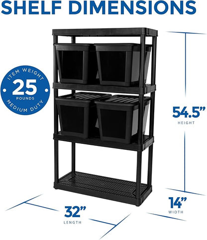 Gracious Living 4 Shelf Fixed Height Ventilated Medium Duty Shelving Unit, Organizer System with 10-Gallon Storage Bins & Lids, Black