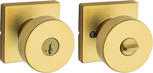 Kwikset Pismo Entry Door Knob with Lock and Key, Secure Keyed Handle Exterior Doorknob, Front Entrance and Bedroom, Satin Brass, Square, Pick Resistant SmartKey Rekey Security, Microban Protection